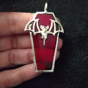 Red Coffin Pendant Necklace with Bat Accent - Women Jewelry
